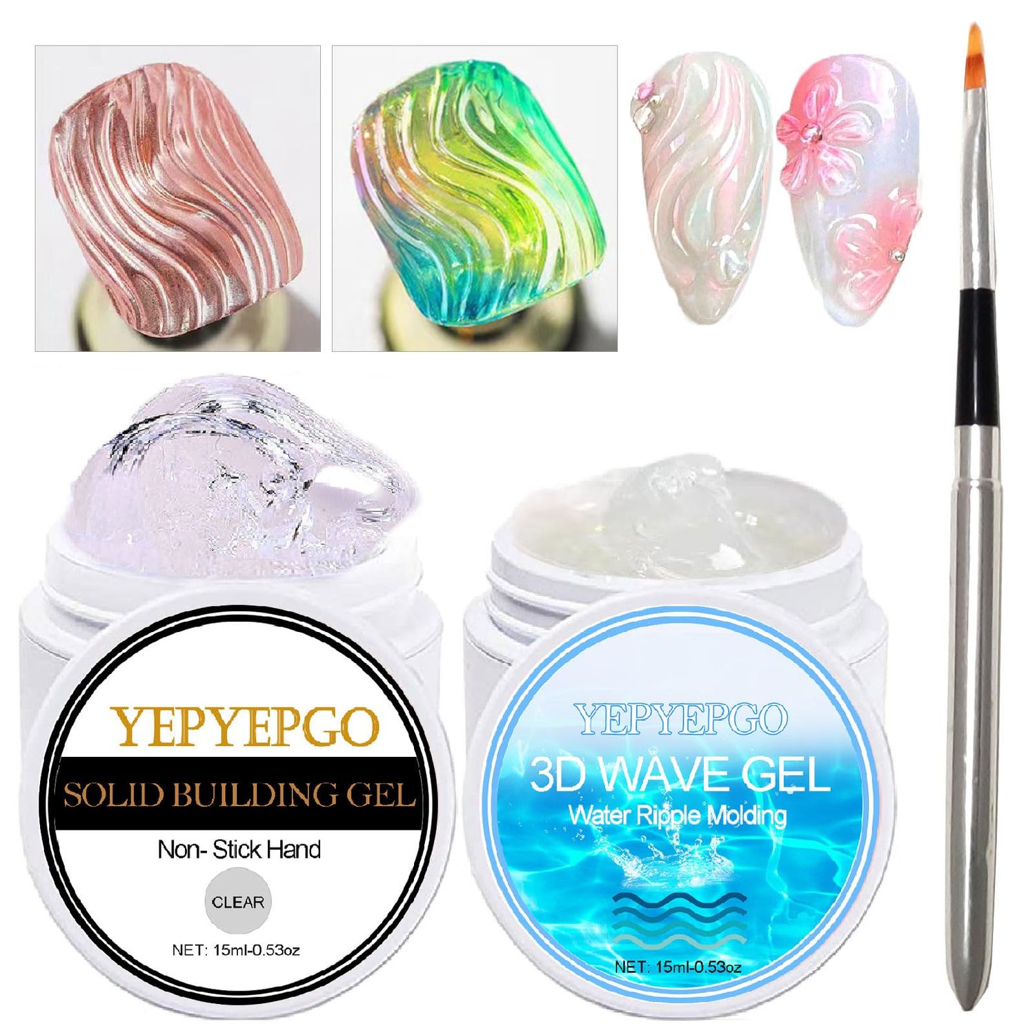 YEPYEPGO Solid Builder Gel For Nails and 3D Texture Nail Gel, Clear Wave Painting Drawing Design Gel with Pro Brush,4 In 1 Nail Builder Gel Non-Sticky Hand Sculpting Gel Salon Quality DIY at Home