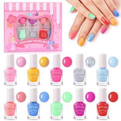 ETYJO Kids Nail Polish Non-Toxic Nail Polish Set for Girls 10 rainbow Colors Water Based Peel Off Quick Dry Nail Polish Kit for Age 3 Toddler Teen Birthday Gift