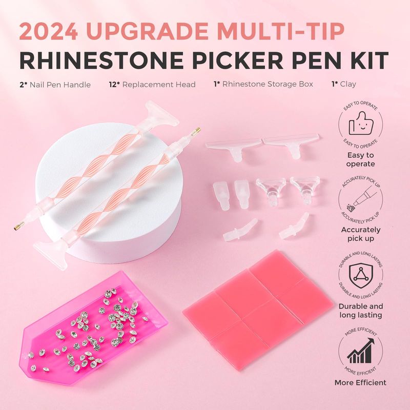 Eudaicful Rhinestone Picker Tool Kit: 2Pcs Rhinestone Picker Handle, Dual-Ended Rhinestones Applicator Dotting Tools Pen with 12 Upgraded Plastic Replacement Tips, Clay for DIY Nail Art Salon Home