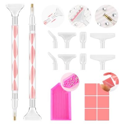 Eudaicful Rhinestone Picker Tool Kit: 2Pcs Rhinestone Picker Handle, Dual-Ended Rhinestones Applicator Dotting Tools Pen with 12 Upgraded Plastic Replacement Tips, Clay for DIY Nail Art Salon Home