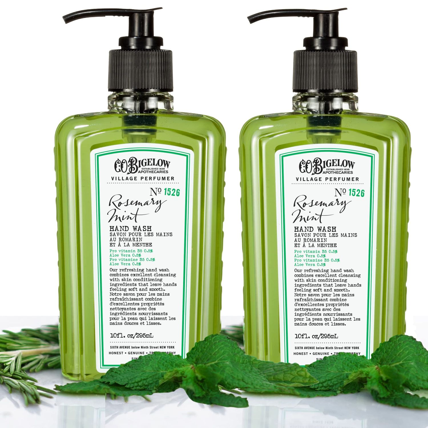 C.O. Bigelow Hand Wash, Rosemary Mint Soap, No. 1526 - Village Perfumer Moisturizing Hand Wash for Bathroom &amp; Kitchen with Aloe Vera, 10 fl oz, Pack of 2