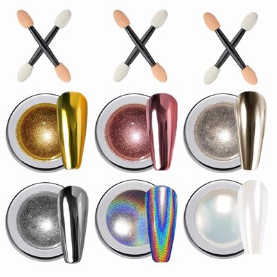 6 Chrome Nail Powder, Mirror Effect, Laser Chrome Pearl White, Glazed Donut Dust