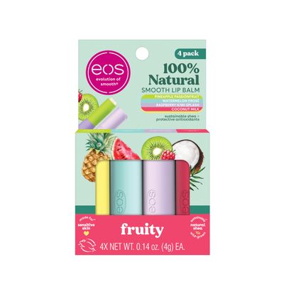 eos 100 Natural Lip Balms- Coconut Milk, Pineapple Passionfruit, Watermelon Fros &amp; Raspberry Kiwi Splash, All-Day Moisture Lip Care, 0.14 oz, 4-Pack