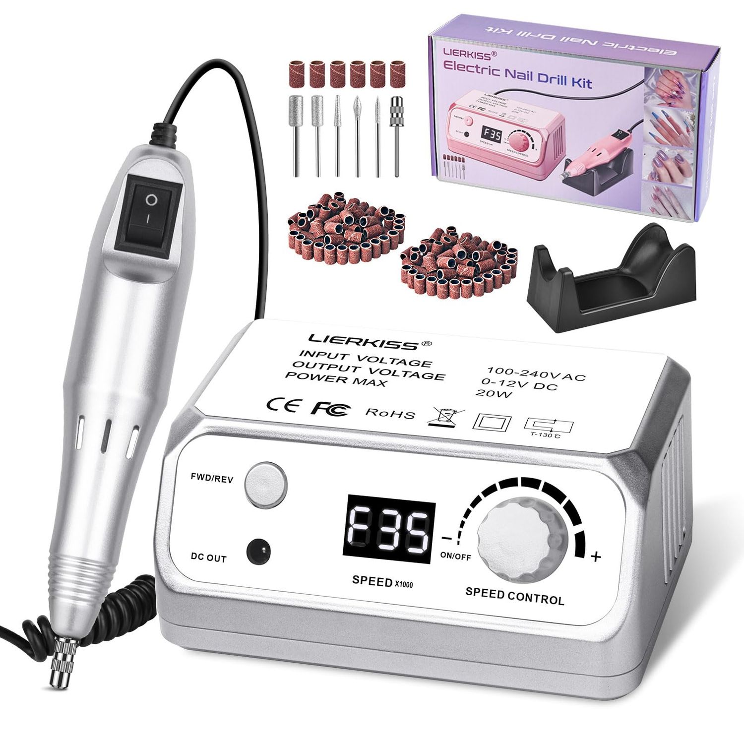LIERKISS Professional Nail Drill 35000RPM Drill Nail Electric Nail File Dril Nails with 100pcs Sanding Bands and Nail Drill Bits for Acrylic, Gel Nail Manicure &amp; Pedicure
