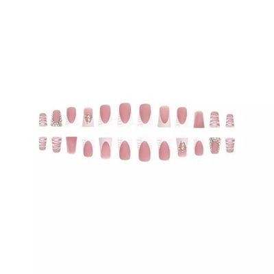 Duck Shaped Press on Nails Medium Handmade Fake Nails Rhinestones Designs Pink Glossy Cute Stick on Nail Wide Duckbill Full Cover White French Tip False Nails Acrylic for Women DIY Manicure 24 Pcs