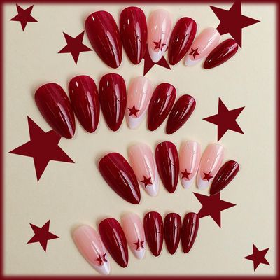 24Pcs White French Tips Medium Almond Press on Nails with Red Five-pointed Star Design, Glossy False Nails Gel Glue on Nails, Solid Color Manicure Art Acrylic Fake Nails Stick on Nails for Women Girls