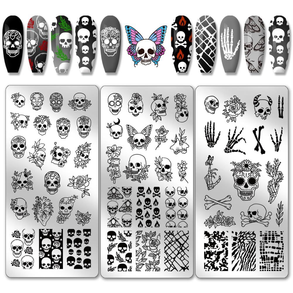 PH PandaHall 3pcs Gothic Skull Nail Stamper, 58 Patterns Horror Skeleton Flower Nail Stamping Plate Nail Art Stencils Stainless Steel Nail Image Plates for Nail Design Print Manicure Salon Halloween