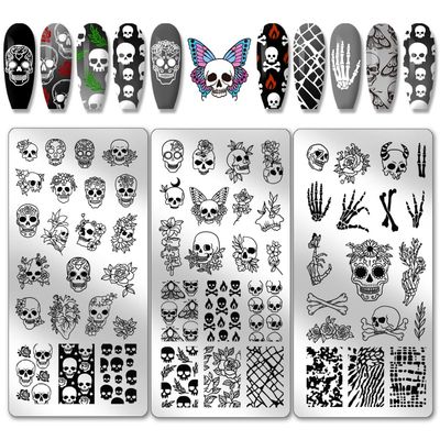 PH PandaHall 3pcs Gothic Skull Nail Stamper, 58 Patterns Horror Skeleton Flower Nail Stamping Plate Nail Art Stencils Stainless Steel Nail Image Plates for Nail Design Print Manicure Salon Halloween
