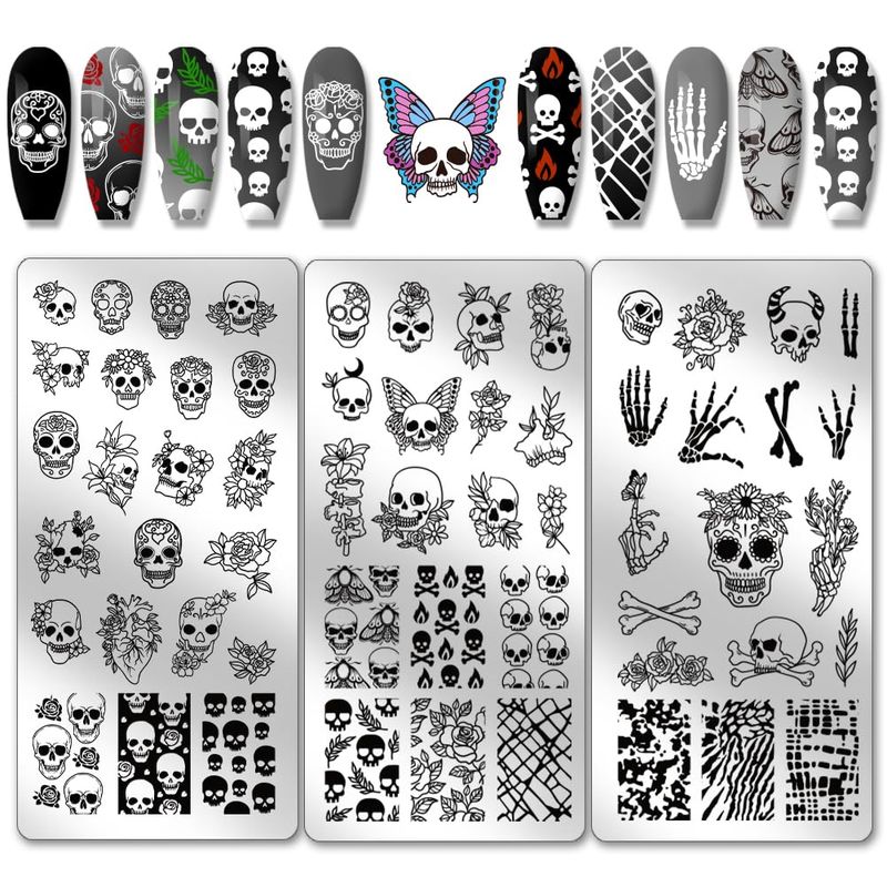 PH PandaHall 3pcs Gothic Skull Nail Stamper, 58 Patterns Horror Skeleton Flower Nail Stamping Plate Nail Art Stencils Stainless Steel Nail Image Plates for Nail Design Print Manicure Salon Halloween