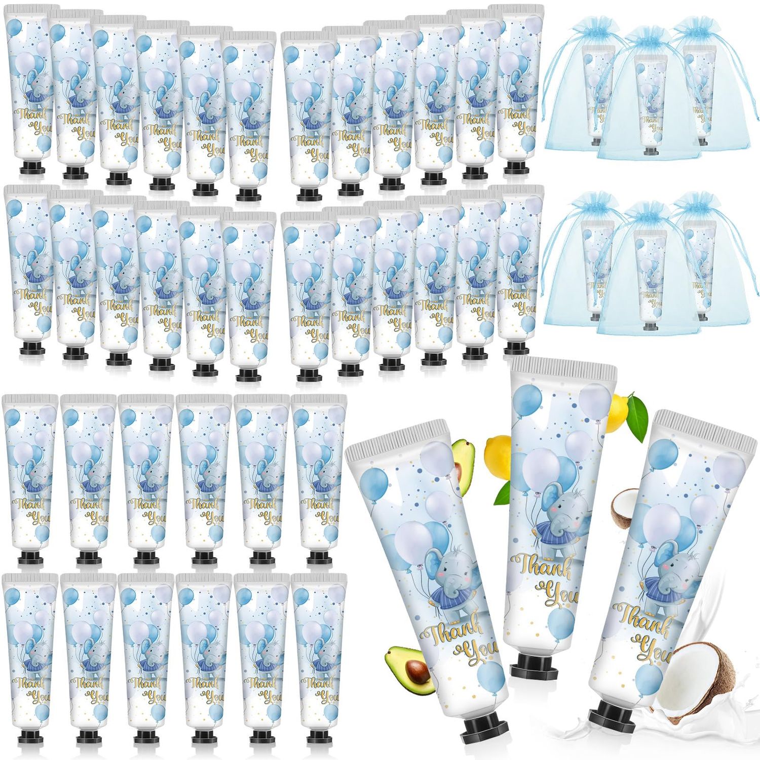 Swiffen 48 Sets Baby Shower Hand Cream Bulk Blue Elephant Baby Shower Favors Bridal Thank You Hand Cream for Guests Travel Size Lotion with Organza Bags