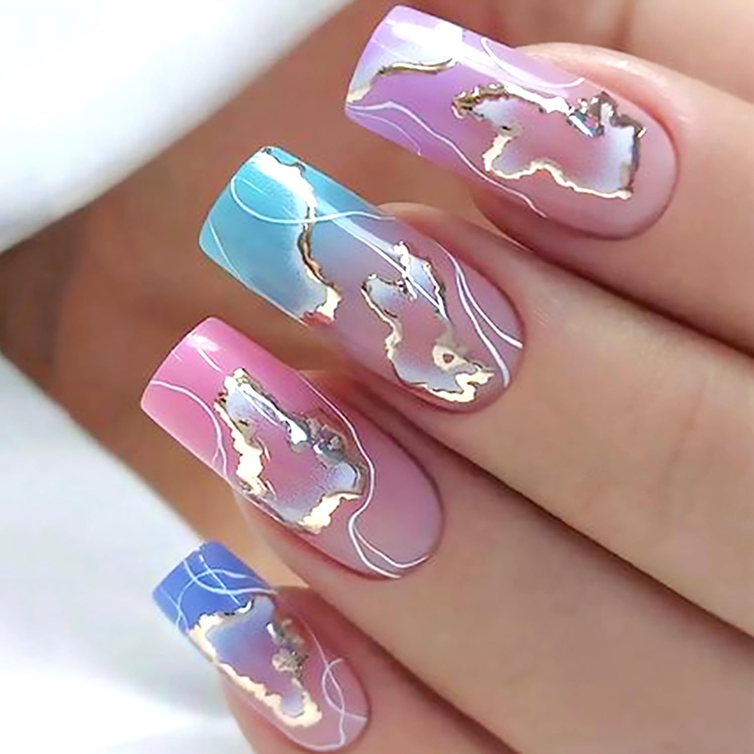 Vezocim Acrylic Square False Nails Sets, 24Pcs Pink Gradient Press on Nails Medium Coffin with Gold White Line Designs, Glossy Full Cover Artificial Fake Nails Glue Fingernails with Charm for Women