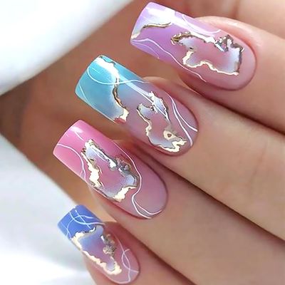 Vezocim Acrylic Square False Nails Sets, 24Pcs Pink Gradient Press on Nails Medium Coffin with Gold White Line Designs, Glossy Full Cover Artificial Fake Nails Glue Fingernails with Charm for Women