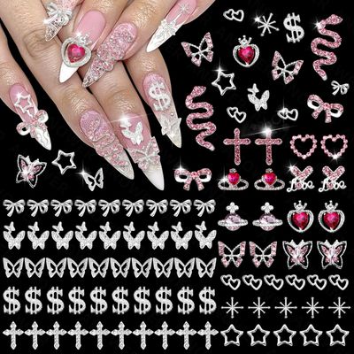 100 Pcs Silver Butterfly Nail Charms, Snake Crown Heart Planet Cross Diamond Nail Rhinestones and Charms, Star Moon Butterfly Bows Crosses Nails Silver Charm, Y2K Charm for Nails DIY