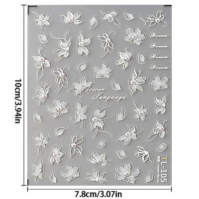 5D Embossed White Lace Flower Nail Art Stickers Pearl Flower Nail Stickers for Nail Art Supplies Self-adhsive Flower Nail Decals Vintage Flower Stickers for Nails Floral Nail Accessories for Women