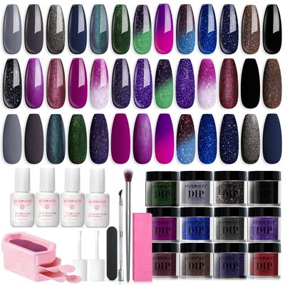 AZUREBEAUTY Dip Powder Nail Kit Starter Color Changing Glitter 20 Colors Magic Special Effect Dipping Powder Liquid Set with Base/Top Coat Activator for French Nails Manicure DIY Salon