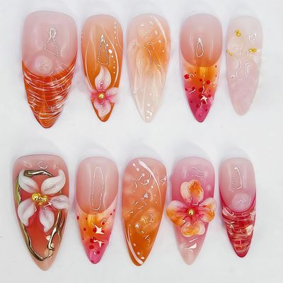 3D Handmade Press on Nails with Gold Pearls Charms Medium Almond Fake Nails with 3d Texture Flower Design Acrylic Nails Y2k Stiletto False Nails French Tip Full Cover Reusable Stick on Nails for Women