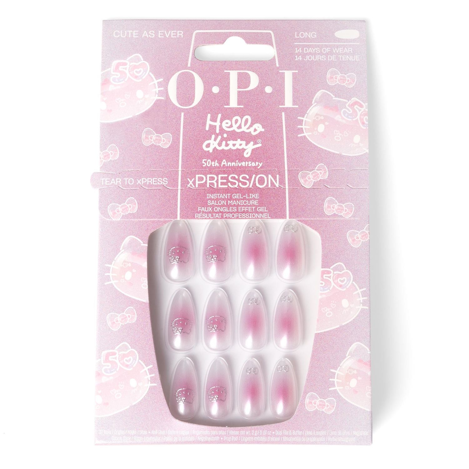 OPI xPRESS/ON Cute as Ever | Bright Pink Long Almond Press On Nails | With Nail Glue | Hello Kitty Limited Edition Collection