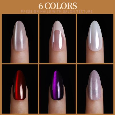FANDAMEI Press On Nails Almond, 6 Colors Cat Eye Press On Nails, Natural Fake Nails Glossy French Tip, Cat Eye Nails for Women Salon Quality, Christmas Iridescent Chrome Press on Nails Kit