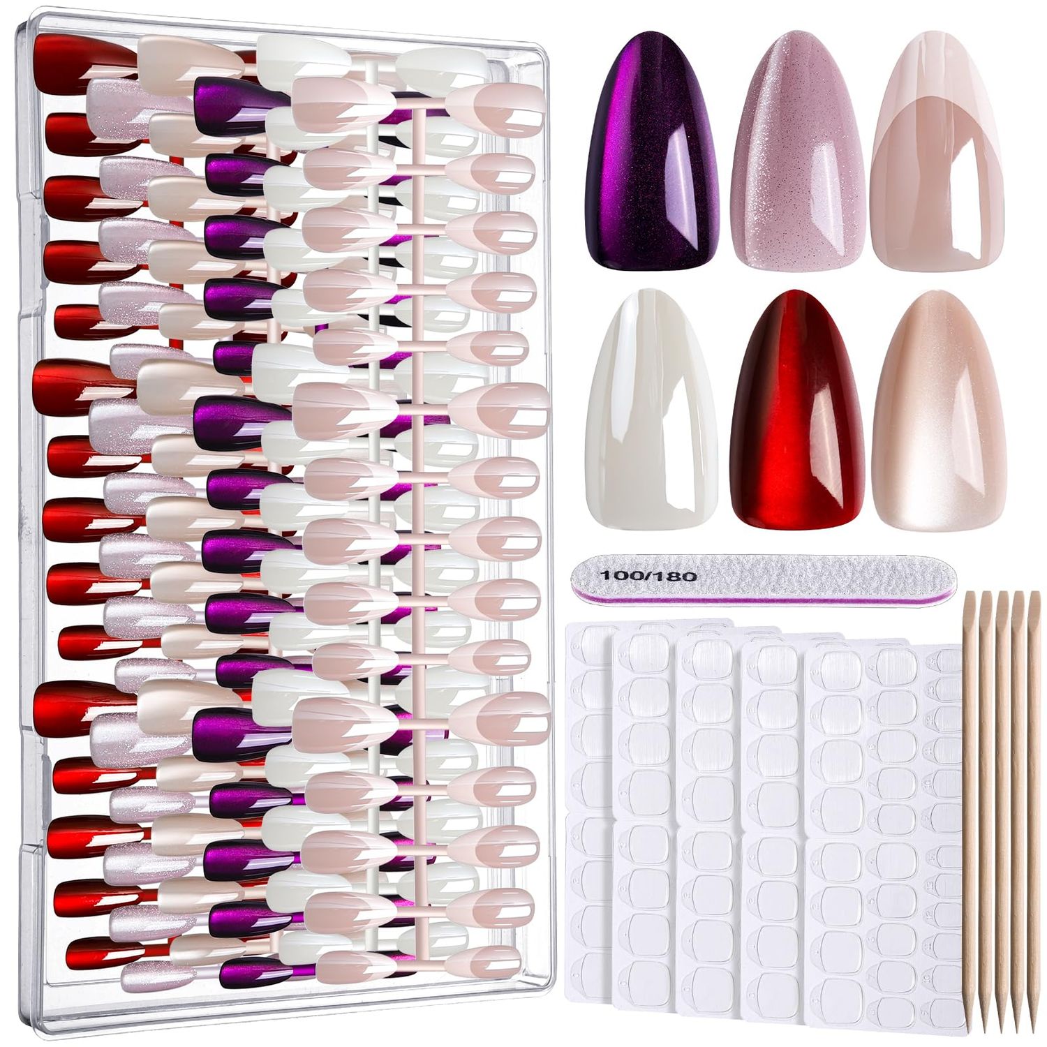 FANDAMEI Press On Nails Almond, 6 Colors Cat Eye Press On Nails, Natural Fake Nails Glossy French Tip, Cat Eye Nails for Women Salon Quality, Christmas Iridescent Chrome Press on Nails Kit