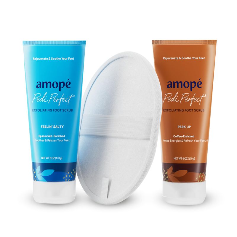 Amop Rejuvenating Kit - Contains Exfoliating Sugar Foot Scrubs with Epsom Salt, Coffee and a Nourishing Blend of Moisturizers to Rejuvenate, Smooth, Soothe &amp; Relax your Feet, with Foot &amp; Leg Scrubber