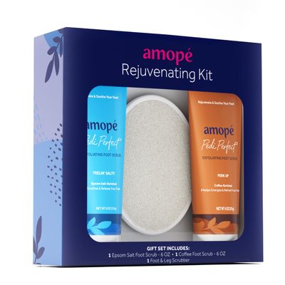 Amop Rejuvenating Kit - Contains Exfoliating Sugar Foot Scrubs with Epsom Salt, Coffee and a Nourishing Blend of Moisturizers to Rejuvenate, Smooth, Soothe &amp; Relax your Feet, with Foot &amp; Leg Scrubber