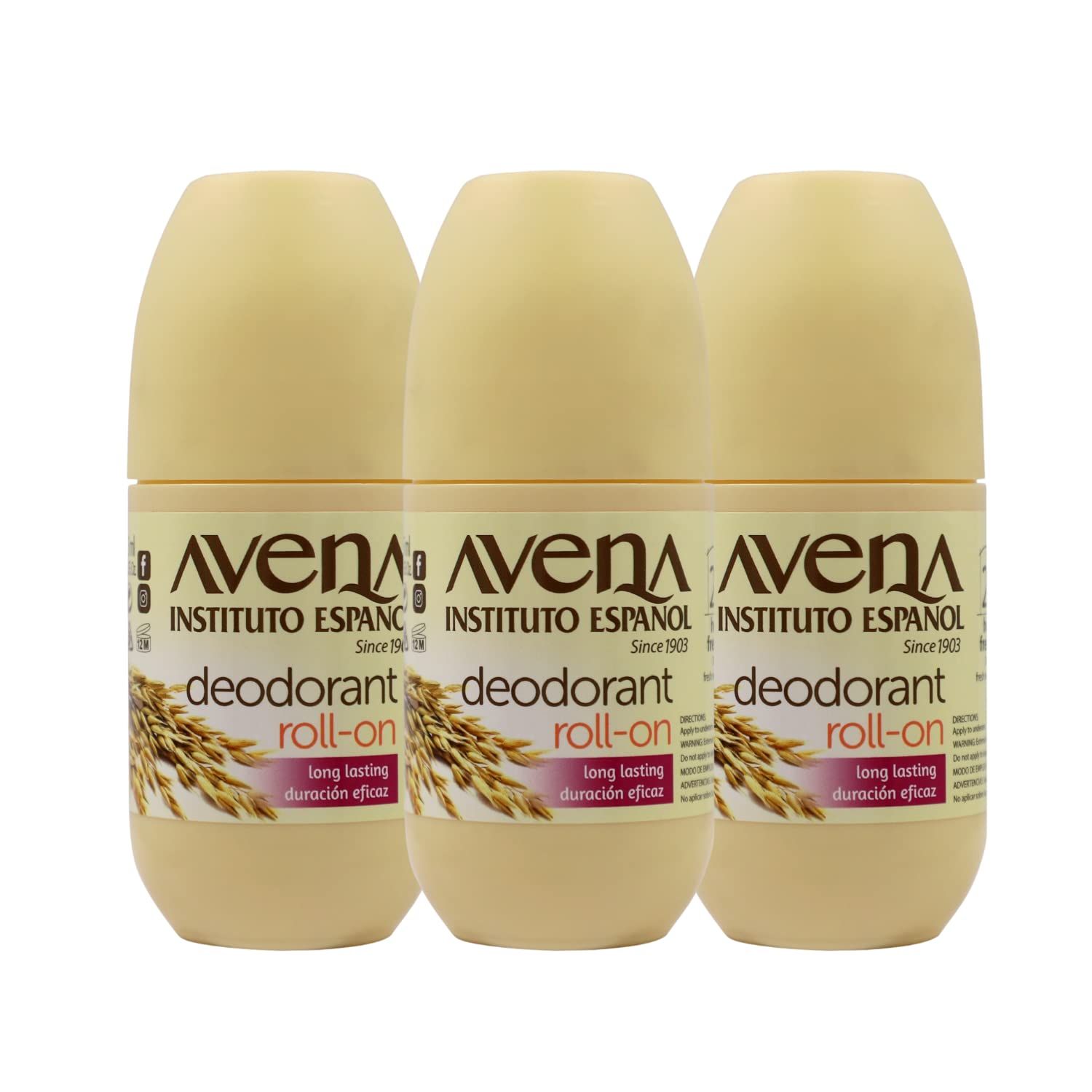 Avena Instituto Espaol Deodorant Roll-On, 3 pack, 2.5 Oz each, 3 Bottles