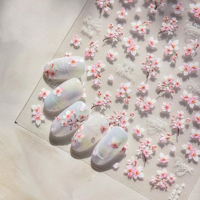 5D Embossed Flower Nail Stickers for Nail Art Designs Cherry Blossoms Nail Decals Spring Summer Manicure Sliders Self-Adhesive Floral Supplies Pink Flower Nail Art Stickers for Nail Decoration