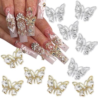 10Pcs Shiny Alloy Butterfly Nail Charms Metal Butterfly Nail Gems Nail Rhinestones 3D Gold Silver Nail Charm Nail Jewelry Butterfly Charms for Women Girls DIY Acrylic Nail Manicure Decorations