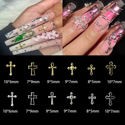 KACHIMOO 3D Cross Nail Charms, Gold Cross Charms for Nail Art Vintage Punk Metal Alloy Gold Silver Cross Nail Decorations for Gel Polish Supplies Accessories