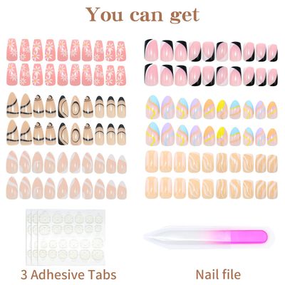 6 Packs (144 Pcs) Press on Nails Medium Design, Misssix Fake Nails Almond and Square Glue on Nails Set with Adhesive Tabs Nail File Acrylic False Nail Kits for Women