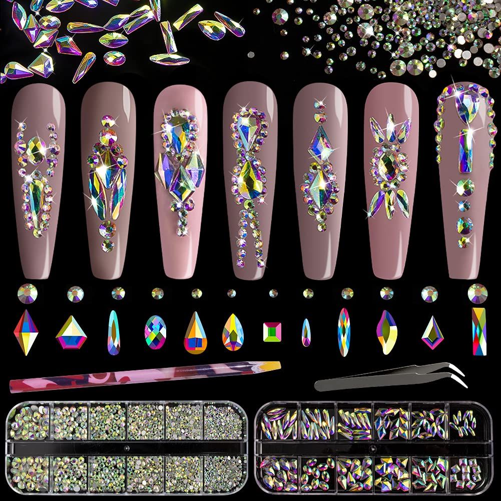 Multi Shapes 3D Glass AB Crystal Nail Art Rhinestones Kit with Flatback Round Bead Charm Gem Stone Jewelry Diamond with Pickup Pen Tweezer for Manicure Craft Decoration by BELLEBOOST (Iridescent)