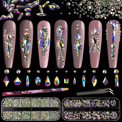 Multi Shapes 3D Glass AB Crystal Nail Art Rhinestones Kit with Flatback Round Bead Charm Gem Stone Jewelry Diamond with Pickup Pen Tweezer for Manicure Craft Decoration by BELLEBOOST (Iridescent)