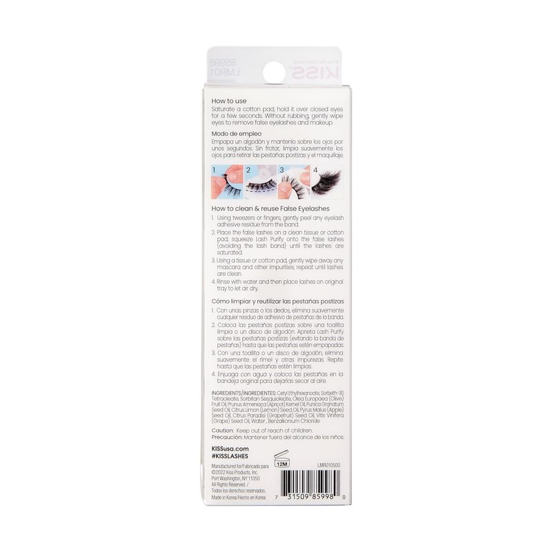 KISS Lash Purify Eye Makeup Remover and Lash Cleanser, 3-in-1 Formula False Eyelash Remover, Suitable for Sensitive Skin, Net Wt. 50 ml (1.69 US fl. oz.)