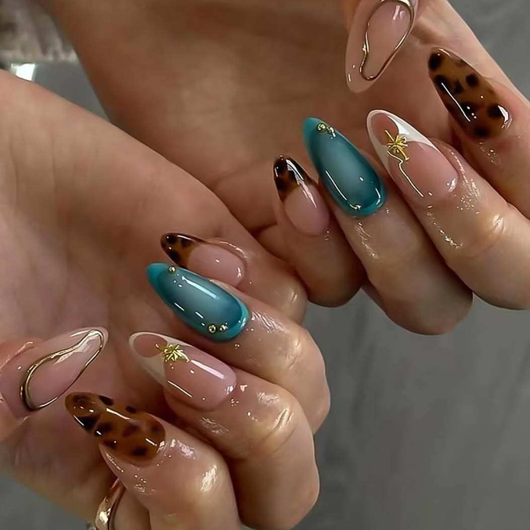 RikView Almond Press on Nails Medium Fake Nails with 3D Design Nude Nails Glossy Full Cover Nails 24 PCs/Set