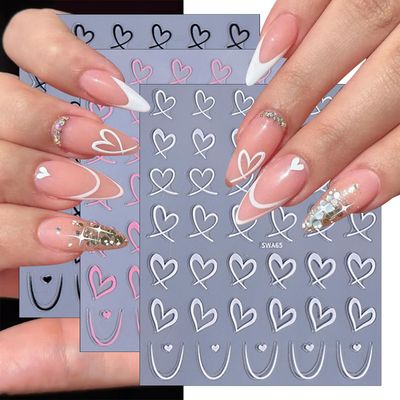 French Heart Nail Stickers 3D Self-Adhesive Holographic French Black and White Hollow Heart Design Nail Sticker Ornaments for Women Girls DIY Nail Art Decoration 6 Sheets