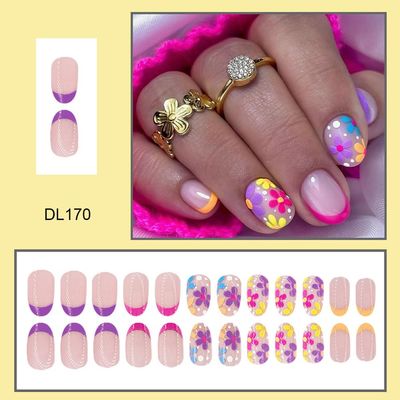 Flower Press on Nails Short Oval Floral Fake Nails with Designs Blue Yellow Red French Tip Nails Spring False Nails Neon Acrylic Nails Cute Glue on Nails Colorful Daisy Stick on Nails for Women 24Pcs