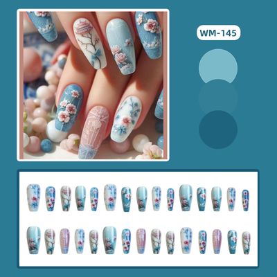 Flower Press on Nails Medium Begonia False Nails Blue Acrylic Nails Press Nails with Design Floral Artificial Nails Ballet Shaped Stick on Nails Full Cover Coffin Nails Glossy Glue on Nails for Women
