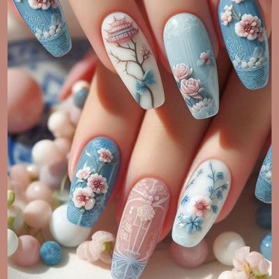 Flower Press on Nails Medium Begonia False Nails Blue Acrylic Nails Press Nails with Design Floral Artificial Nails Ballet Shaped Stick on Nails Full Cover Coffin Nails Glossy Glue on Nails for Women