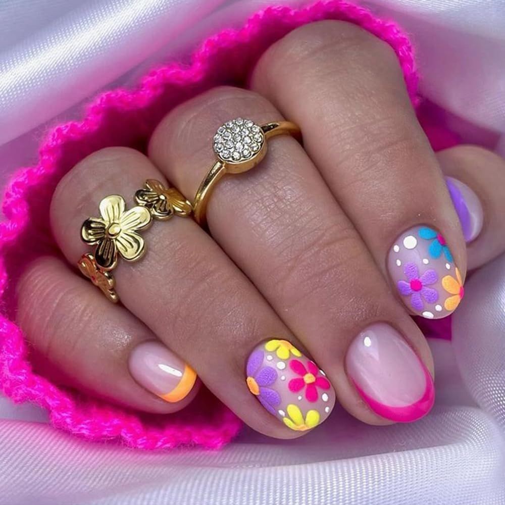 Flower Press on Nails Short Oval Floral Fake Nails with Designs Blue Yellow Red French Tip Nails Spring False Nails Neon Acrylic Nails Cute Glue on Nails Colorful Daisy Stick on Nails for Women 24Pcs
