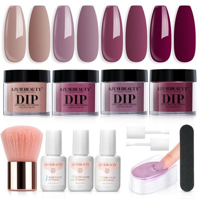 Dip Nails Powder Starter Kit, AZUREBEAUTY 4 Colors Intellectual lady Brown Purple Dipping Powder Set with Base &amp; Top Coat Activator Recycling Tray for French Nail Art Manicure Salon DIY at Home
