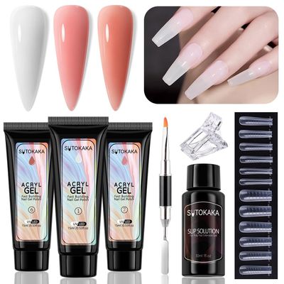 Sutokaka Poly Extension Gel Nail Kit - White Nude Pink Builder Gel, Dual-Ended Brush, Dual Forms for Polygel Nail Art, DIY Beginner Kit