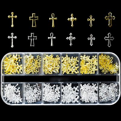 KACHIMOO 3D Cross Nail Charms, Gold Cross Charms for Nail Art Vintage Punk Metal Alloy Gold Silver Cross Nail Decorations for Gel Polish Supplies Accessories
