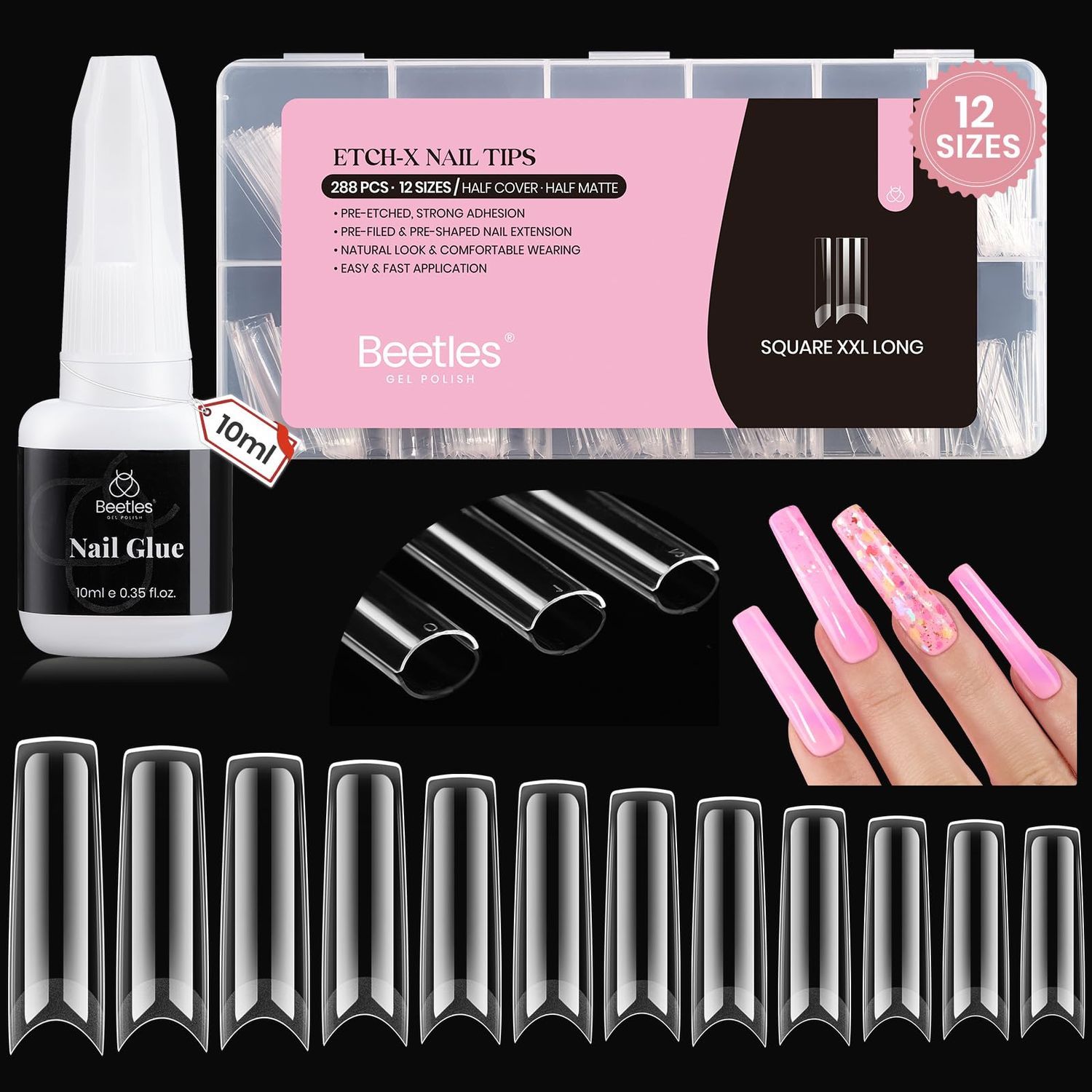 Beetles Gel Nail Tips Square XXL Extra Long Nails for Acrylic Nails Professional, 288 PCS 12 Sizes Half Cover Straight Clear Fake Nails No C Curve Nail Tips with Quick Dry Nail Glue