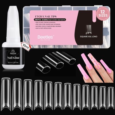 Beetles Gel Nail Tips Square XXL Extra Long Nails for Acrylic Nails Professional, 288 PCS 12 Sizes Half Cover Straight Clear Fake Nails No C Curve Nail Tips with Quick Dry Nail Glue