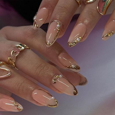 French Tip Press on Nails Medium Almond Fake Nails Gold Line False Nails Pearls &amp; Rhinestones with Designs Acrylic Nails Full Cover Stick on Nails Glossy Nails Press Ons for Women 24Pcs