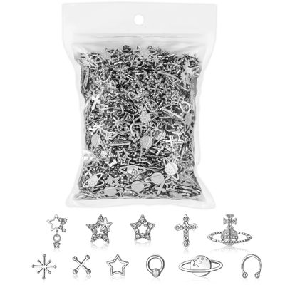 220 PCS Silver Nail Charms Bulk Set with Star Nail Charms Bling Cross Cute Planet Alloy Nail Charms and Gems 3D Y2K Nail Charms with Rhinestones Nail Art Accessories