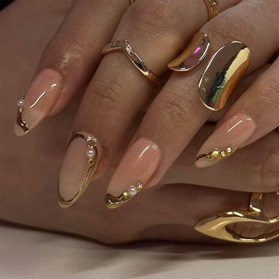 French Tip Press on Nails Medium Almond Fake Nails Gold Line False Nails Pearls & Rhinestones with Designs Acrylic Nails Full Cover Stick on Nails Glossy Nails Press Ons for Women 24Pcs