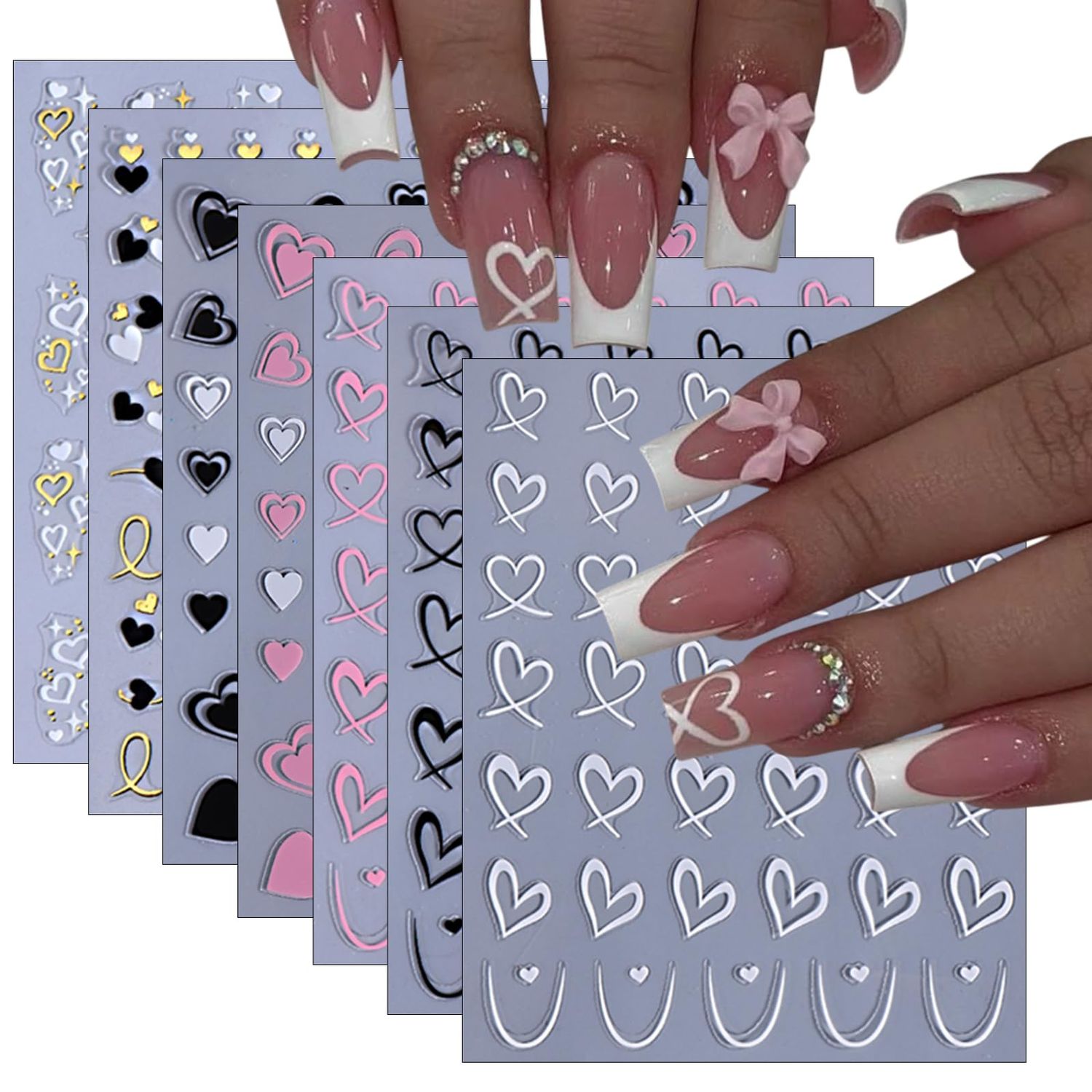 French Heart Nail Stickers 3D Self-Adhesive Holographic French Black and White Hollow Heart Design Nail Sticker Ornaments for Women Girls DIY Nail Art Decoration 6 Sheets