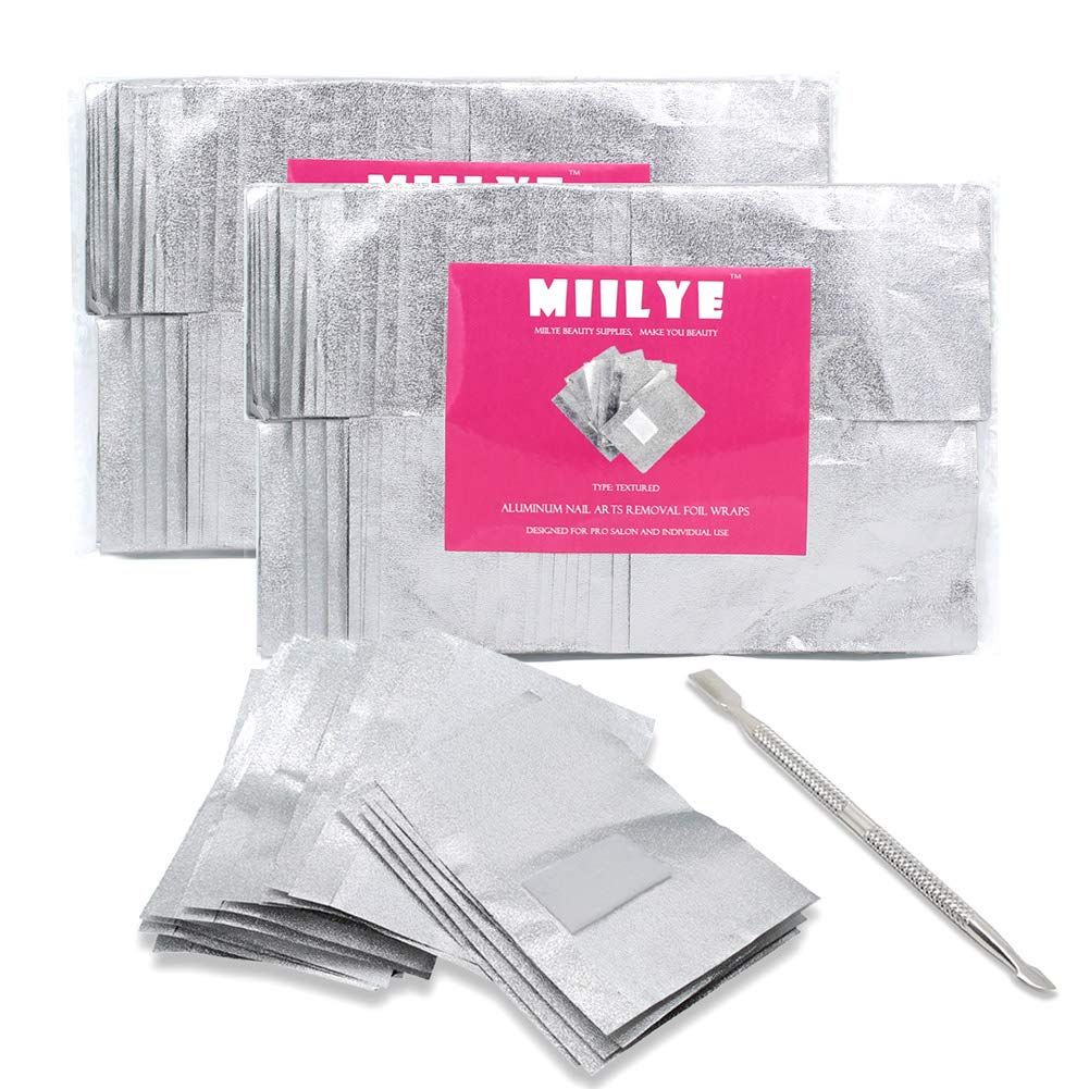MIILYE Aluminum Foils for Acrylic/UV/Gel Nail Polish Removal, Nail Soak-off Remover Wraps, Pack of 200 1x Stainless Steel Nail Manicure Scraper Cuticle Pusher