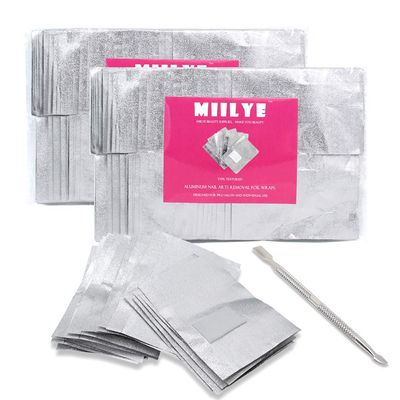 MIILYE Aluminum Foils for Acrylic/UV/Gel Nail Polish Removal, Nail Soak-off Remover Wraps, Pack of 200 1x Stainless Steel Nail Manicure Scraper Cuticle Pusher